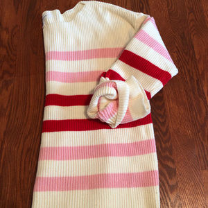 Boatneck pink, red, and cream sweater